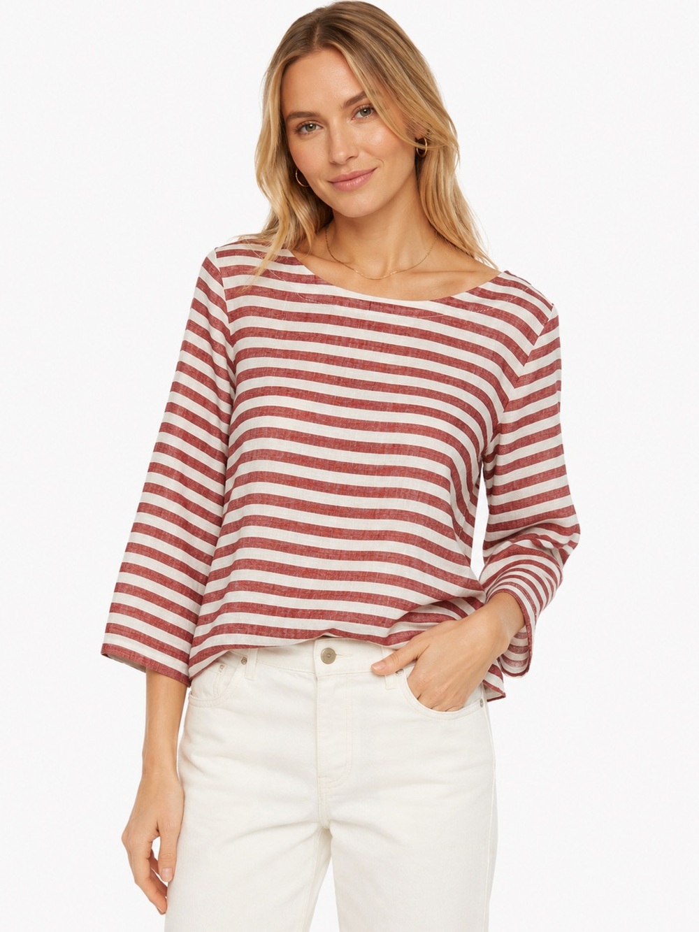 Rachel Zoe 100% Linen Dark Red & White Striped Boat Neck Top Size S